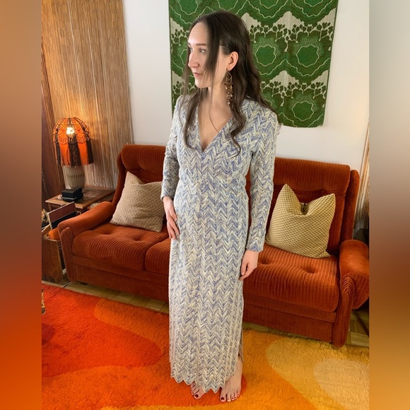 70s Hippie Era Handmade Woven Chevron Maxi Dress, M - Picture 3 of 8